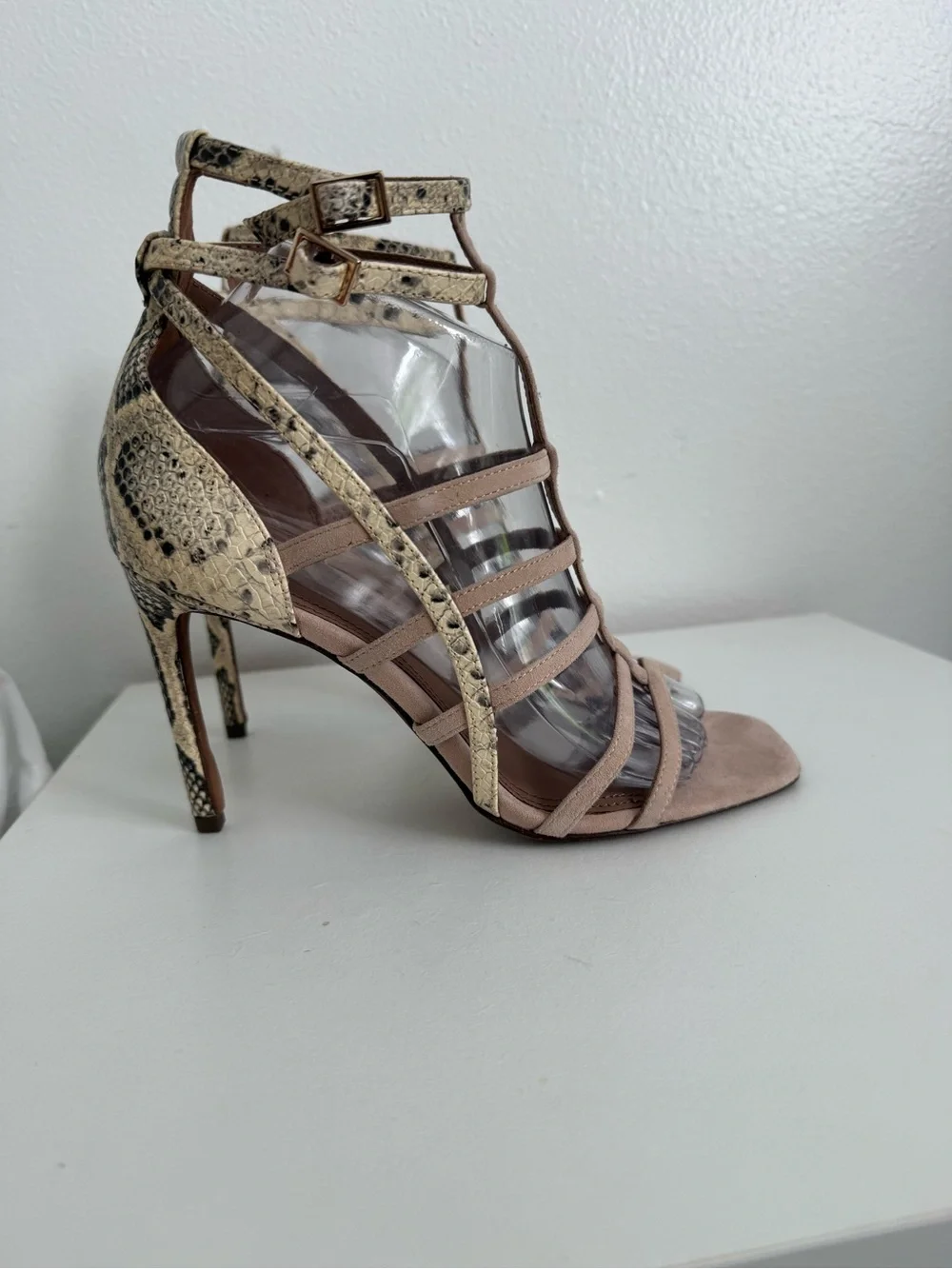 BCBGMaxAzria Nude Taupe Strappy High Heel Sandals with Snake-Print Trim